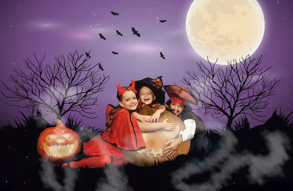 Niños con gato o linterna en Halloween - foto de stock