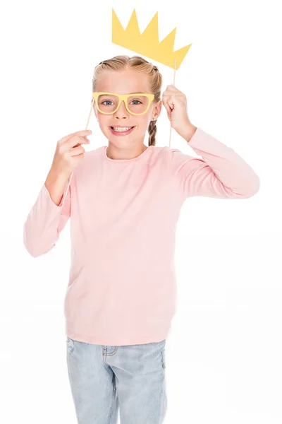 Child with cardboard glasses and crown — Stock Photo