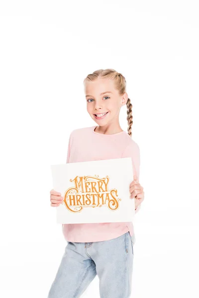 Child with Merry Christmas card — Stock Photo