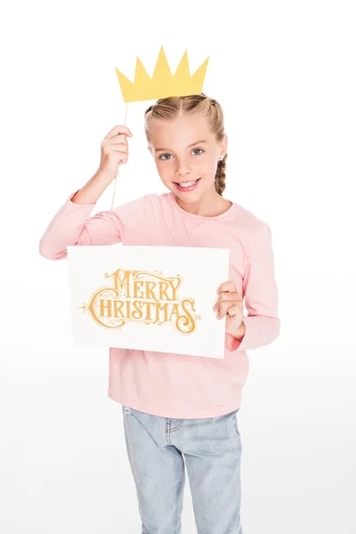 Criança com coroa e cartão de Feliz Natal — Fotografia de Stock
