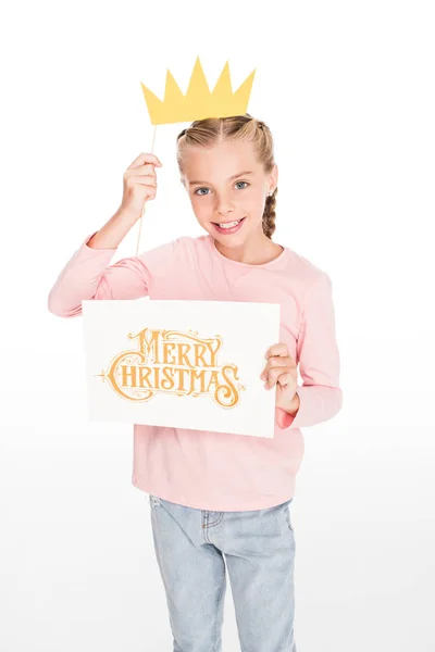 Child with crown and Merry Christmas card — Stock Photo