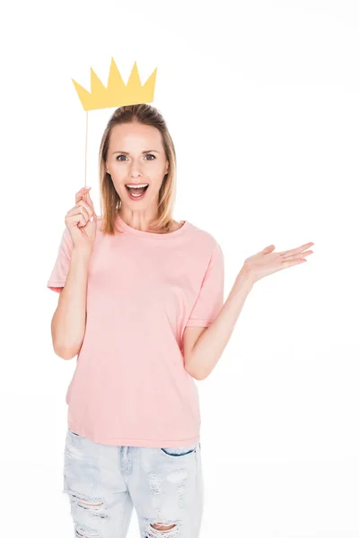 Excited woman with cardboard crown — Stock Photo