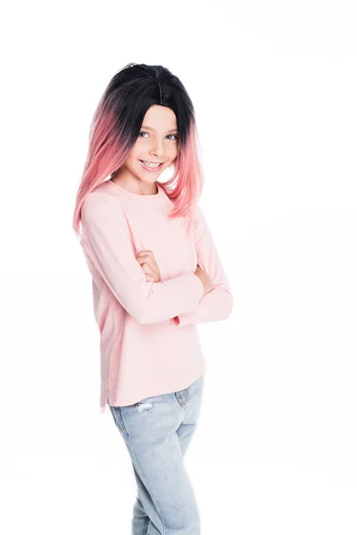 Criança em peruca rosa — Fotografia de Stock