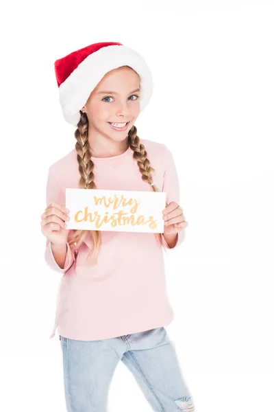 Niño con tarjeta Feliz Navidad - foto de stock