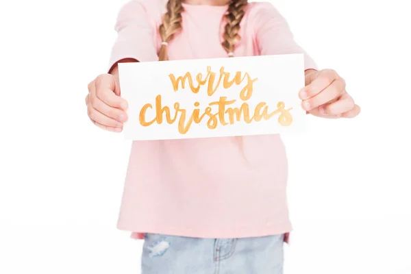 Child with merry christmas card — Stock Photo