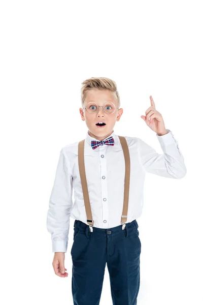 Boy pointing up with finger — Stock Photo