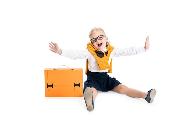 Kid in eyeglasses with briefcase — Stock Photo