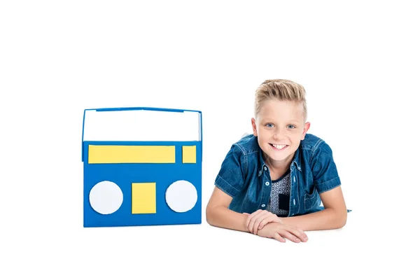 Boy with paper tape recorder — Stock Photo