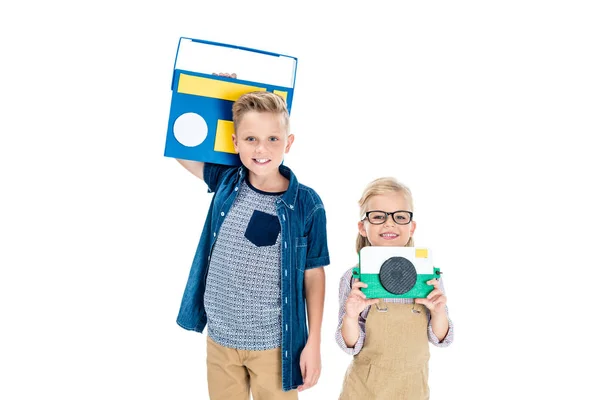 Kids with camera and tape recorder — Stock Photo