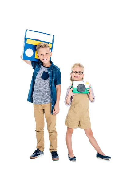 Kids with camera and tape recorder — Stock Photo