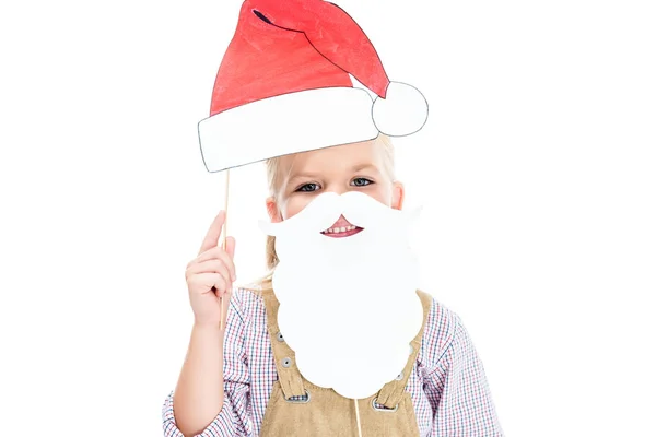 Miúdo com chapéu de Pai Natal e barba falsa — Fotografia de Stock
