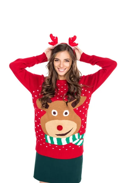 Woman in winter festive sweater — Stock Photo