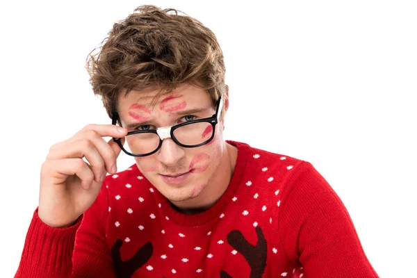 Man in eyeglasses with red lipstick on face — Stock Photo