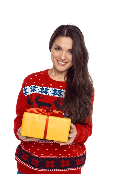 Woman with christmas gift — Stock Photo