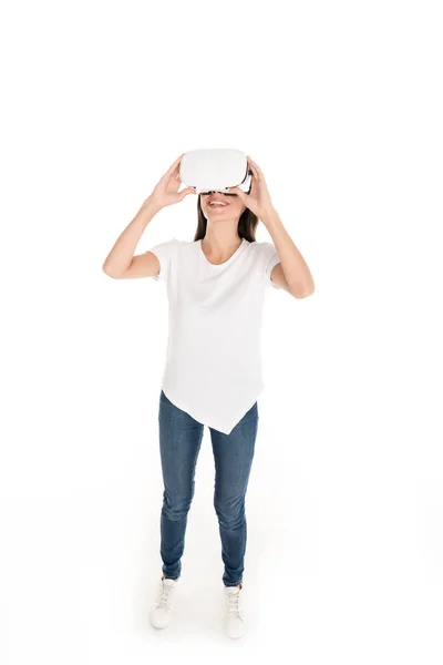 Auricular de mujer en VR - foto de stock