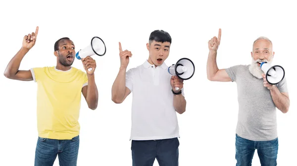 Multicultural men with loudspeakers — Stock Photo