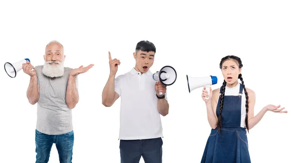 Multicultural people with loudspeakers — Stock Photo