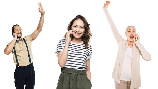 Personas multiétnicas hablando en teléfonos inteligentes - foto de stock