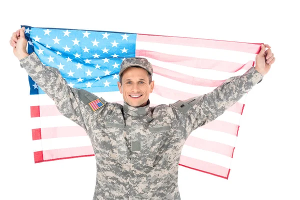 Soldier with american flag — Stock Photo