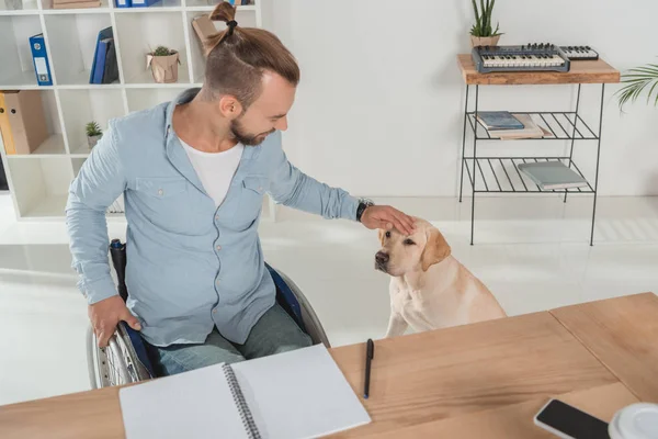 Hombre en silla de ruedas acariciando a su perro - foto de stock