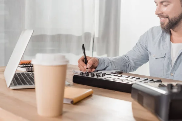 Sound producer working with mpc pads — Stock Photo