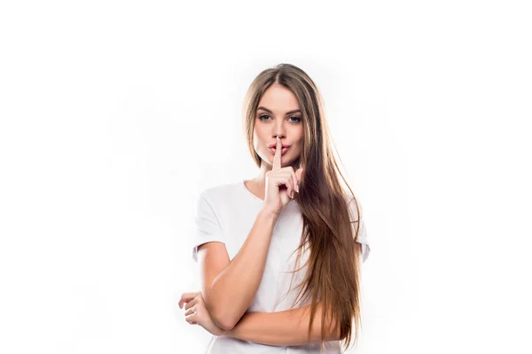 Girl showing silence sign — Stock Photo