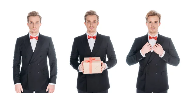 Men in stylish suits with present — Stock Photo