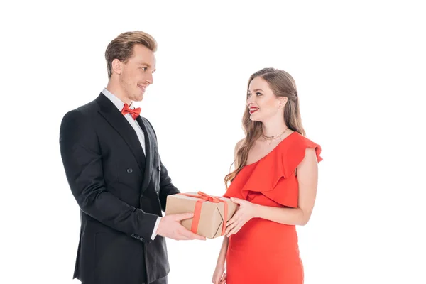 Couple with st valentines day present — Stock Photo