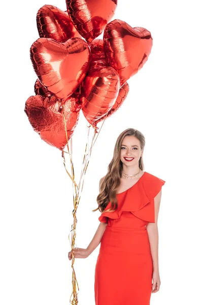 Mulher linda com balões em forma de coração — Fotografia de Stock