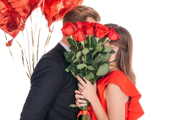 Casal com rosas e balões — Fotografia de Stock