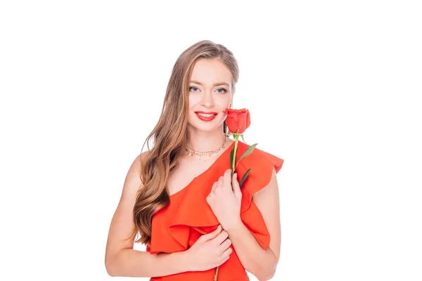 Mujer elegante con flor de rosa - foto de stock