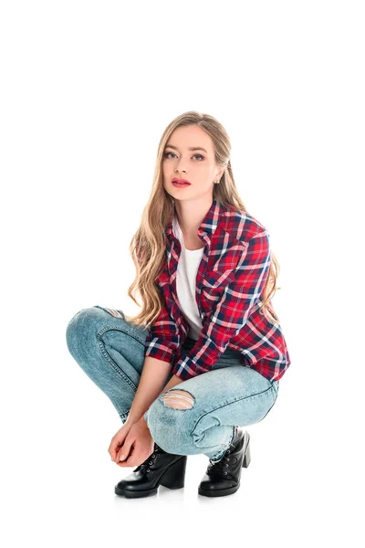 Mädchen in kariertem Hemd und Jeans — Stockfoto