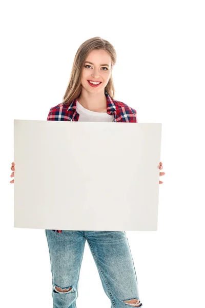 Jeune femme avec bannière vierge — Photo de stock