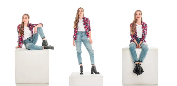 Девушки в клетчатых рубашках и джинсах — стоковое фото