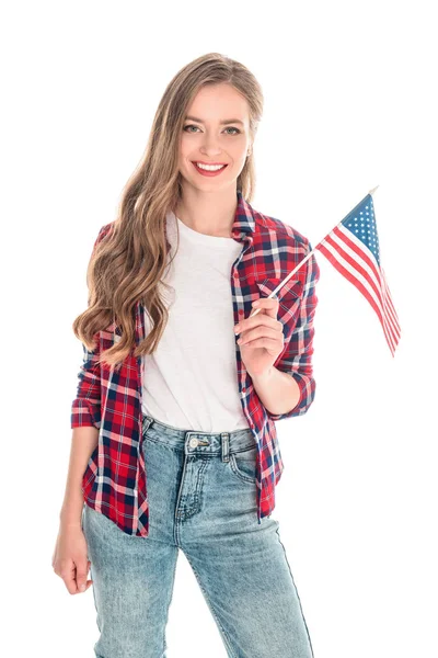 Молода жінка з американським прапором. — стокове фото