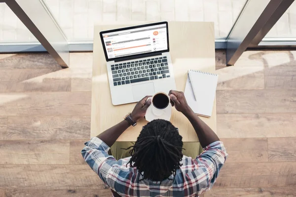 Overhead view of african american man drinking coffee and using laptop with soundcloud website — Stock Photo