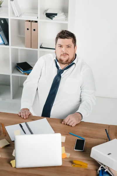 Uomo d'affari grasso che lavora con blocco note e laptop in ufficio — Foto stock