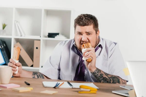 Hombre de negocios gordo comiendo perritos calientes en el lugar de trabajo en la oficina - foto de stock
