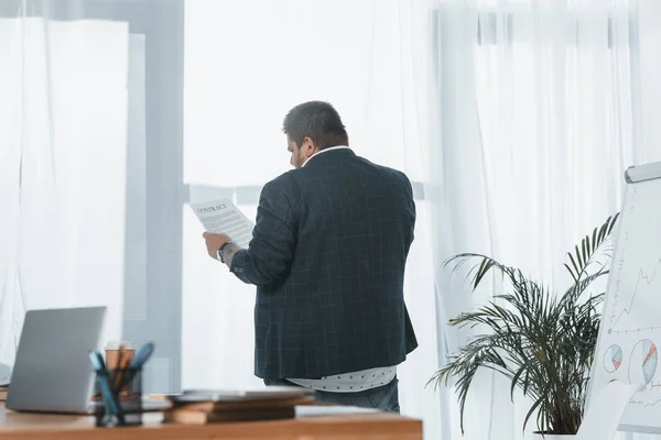 Back view of overweight businessman in suit reading document at window in office — Stock Photo