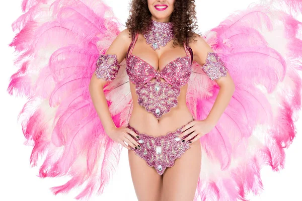 Vista recortada de la niña posando en traje de carnaval con plumas de color rosa, aislado en blanco - foto de stock