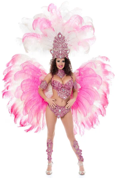 Chica seductora posando en traje de carnaval con plumas de color rosa, aislado en blanco — Stock Photo