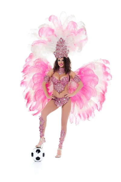 Woman in carnival costume with ball at her legs, isolated on white — Stock Photo