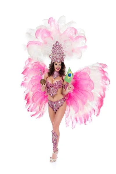 Woman in carnival costume holding coconut with straws and brazilian flag, isolated on white — Stock Photo