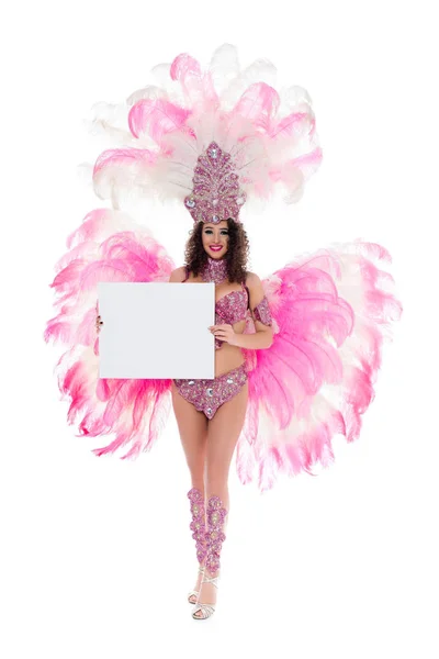 Caucasian woman in carnival costume holding blank banner, isolated on white — Stock Photo