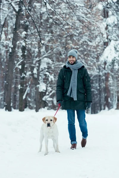 Young man walking with dog on leash in winter park — Stock Photo