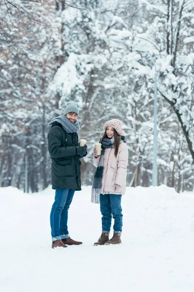 Coppia allegra con caffè per andare in piedi nel parco innevato — Foto stock