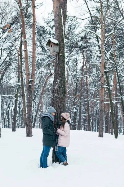 Молодая пара смотрит друг на друга, стоя в зимнем лесу — стоковое фото