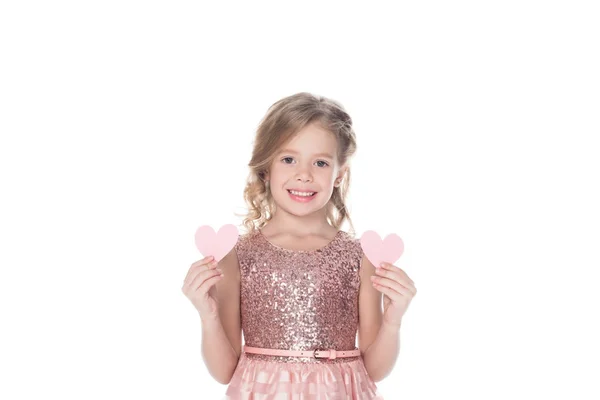 Schönes lächelndes Kind mit zwei Herzen, isoliert auf weiß — Stockfoto