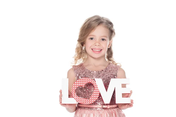 Adorable kid holding love symbol with heart for valentines day, isolated on white — Stock Photo