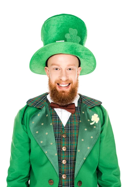 Cheerful leprechaun in green costume and hat, isolated on white — Stock Photo
